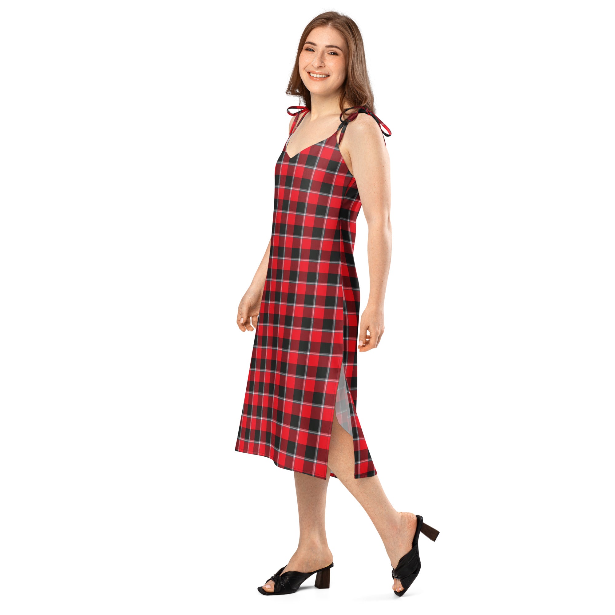 Tie-Strap Midi Dress Red Ribbon and Heavy Metal Plaid - Scottish Squares