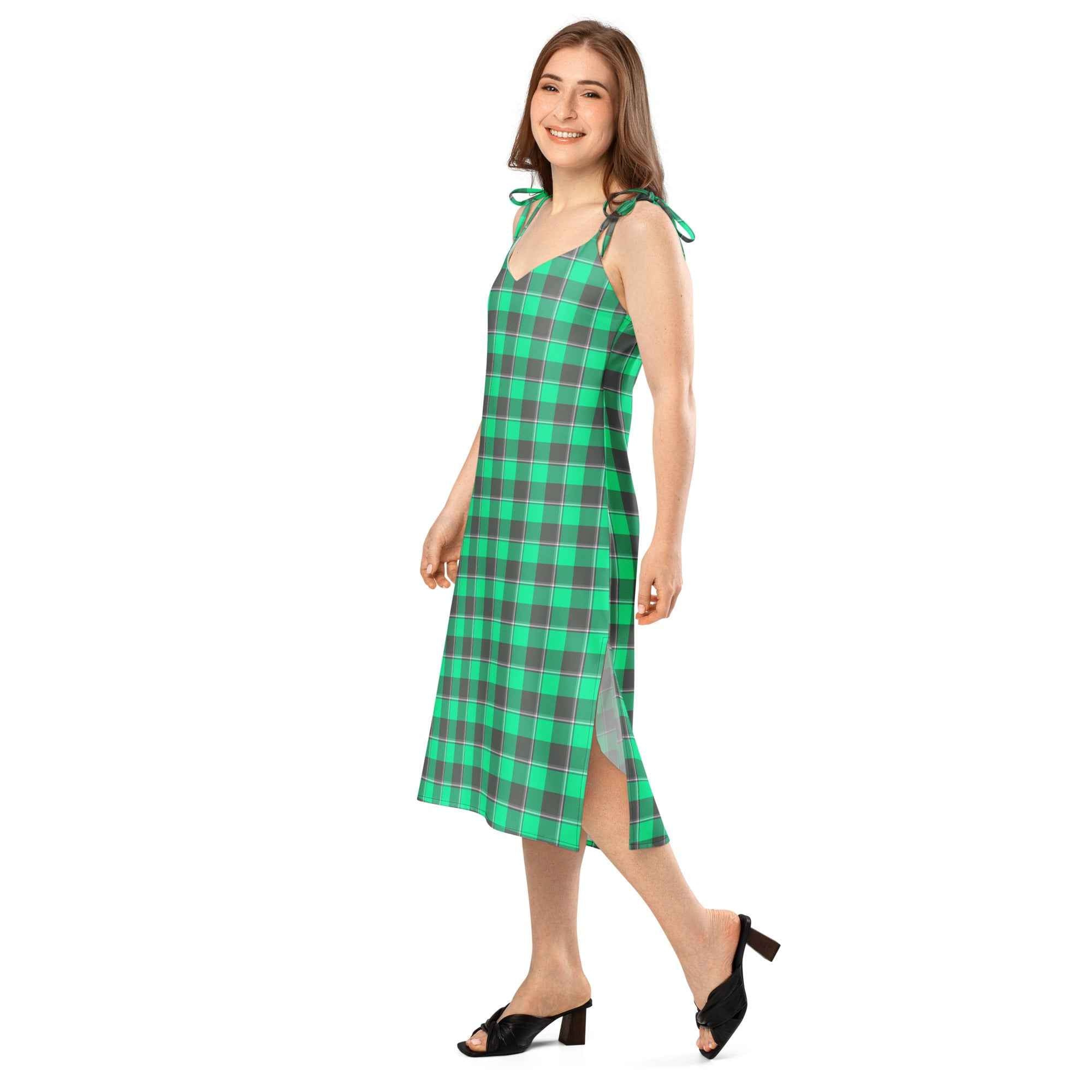 Tie-Strap Midi Dress Spring Green and Finlandia Plaid - Scottish Squares