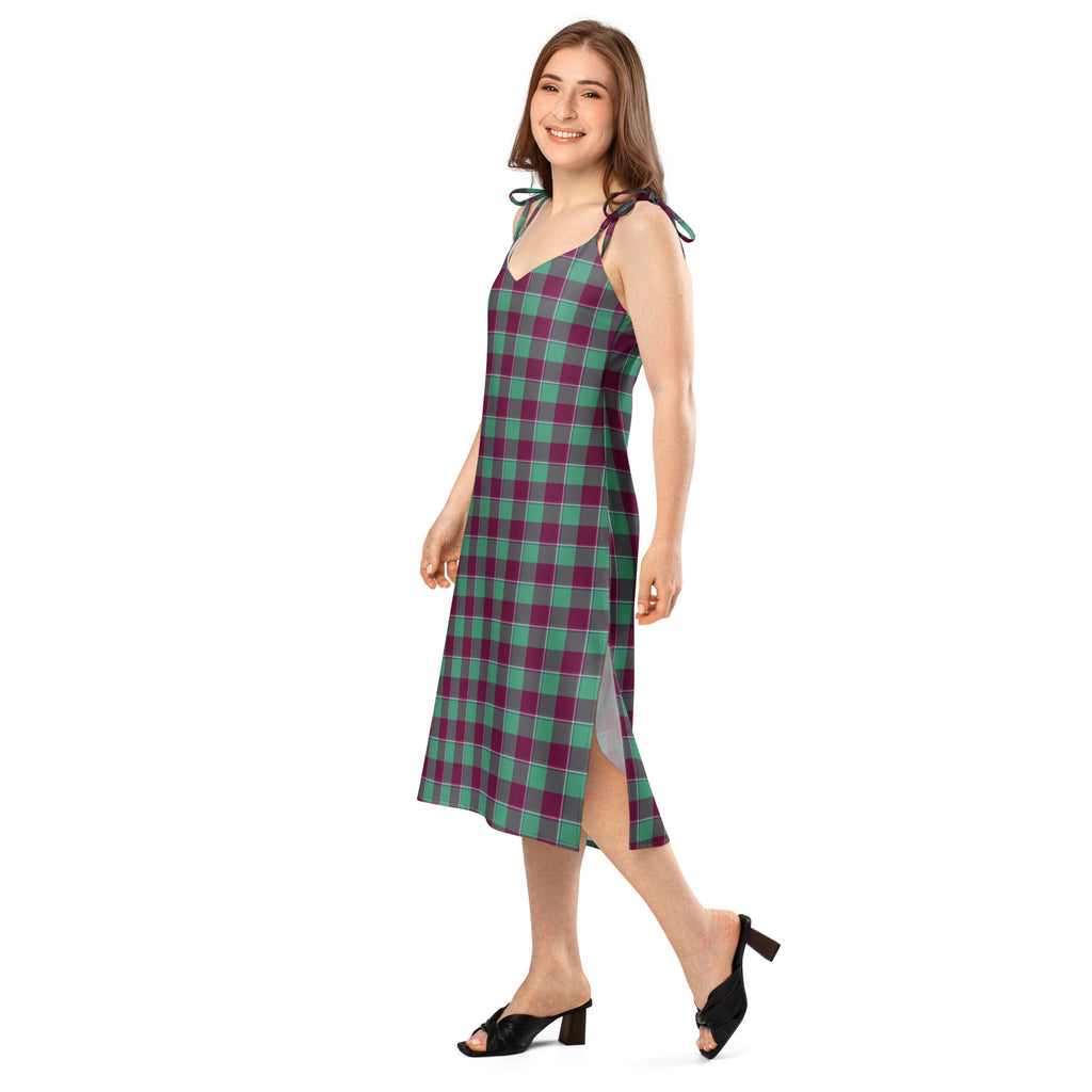 Tie-Strap Midi Dress Ocean Green and Mulberry Wood Plaid - Scottish Squares
