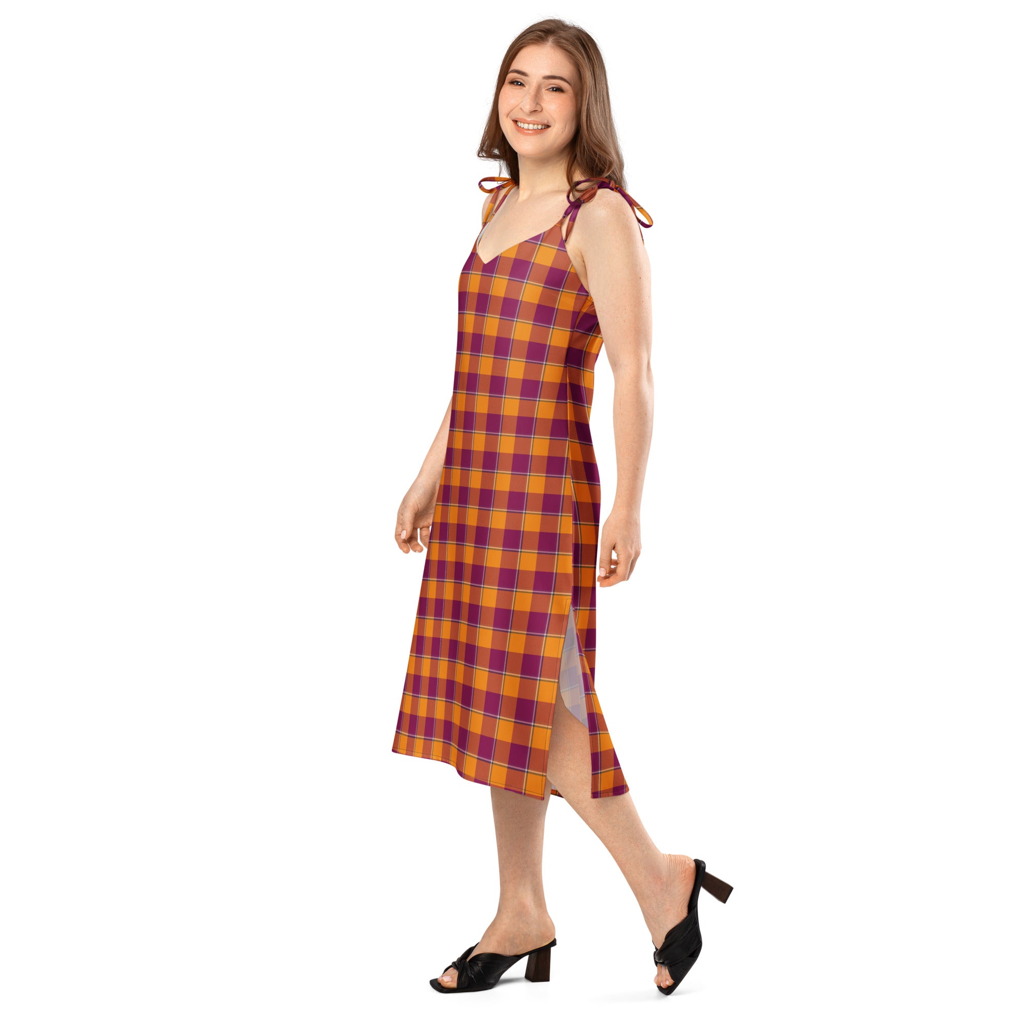 Tie-Strap Midi Dress Tahiti Gold and Rose Bud Cherry Plaid - Scottish Squares
