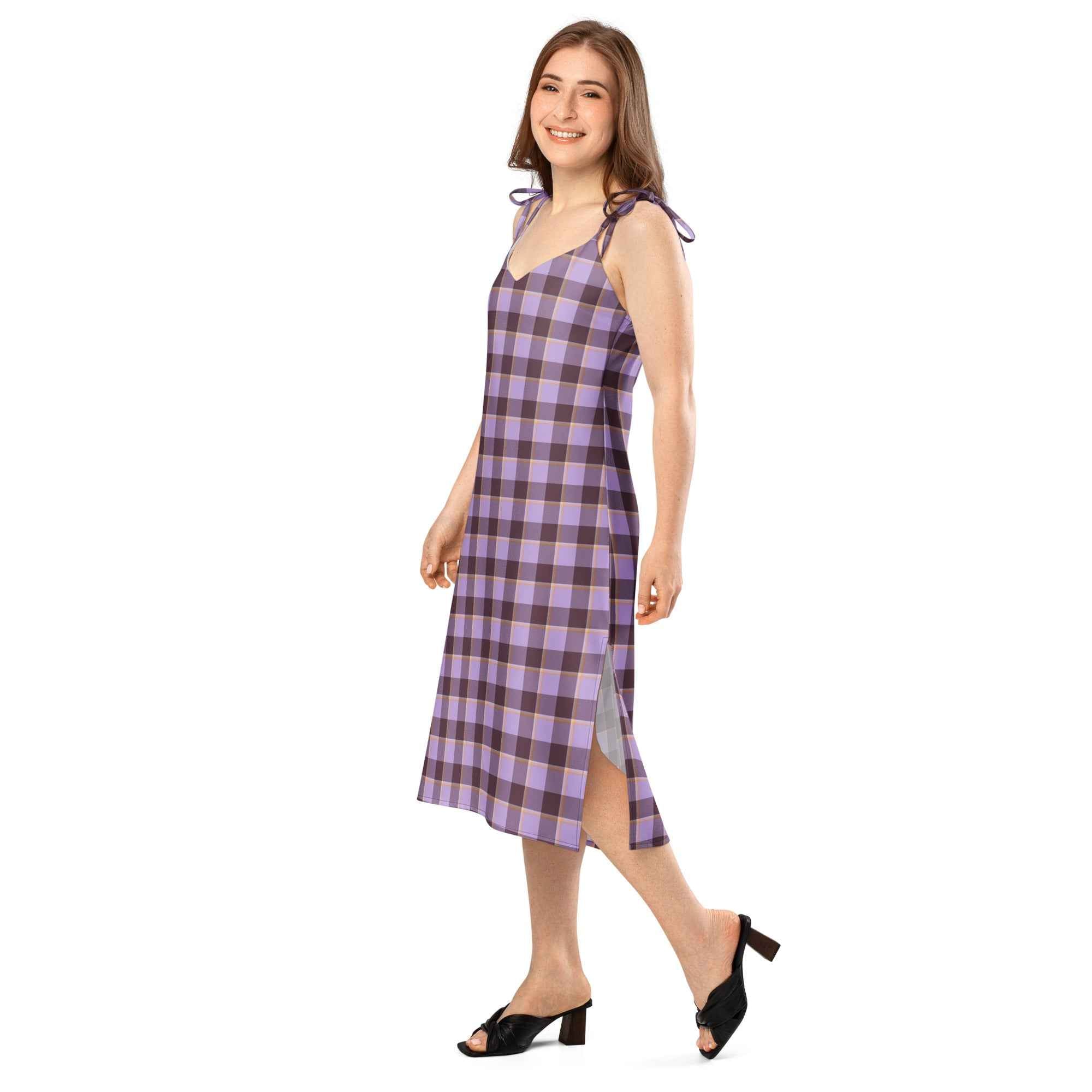 Tie-Strap Midi Dress Light Wisteria and Livid Brown Plaid - Scottish Squares