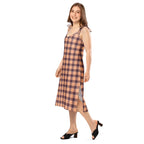 Tie-Strap Midi Dress Hit Pink and Livid Brown Plaid - Scottish Squares