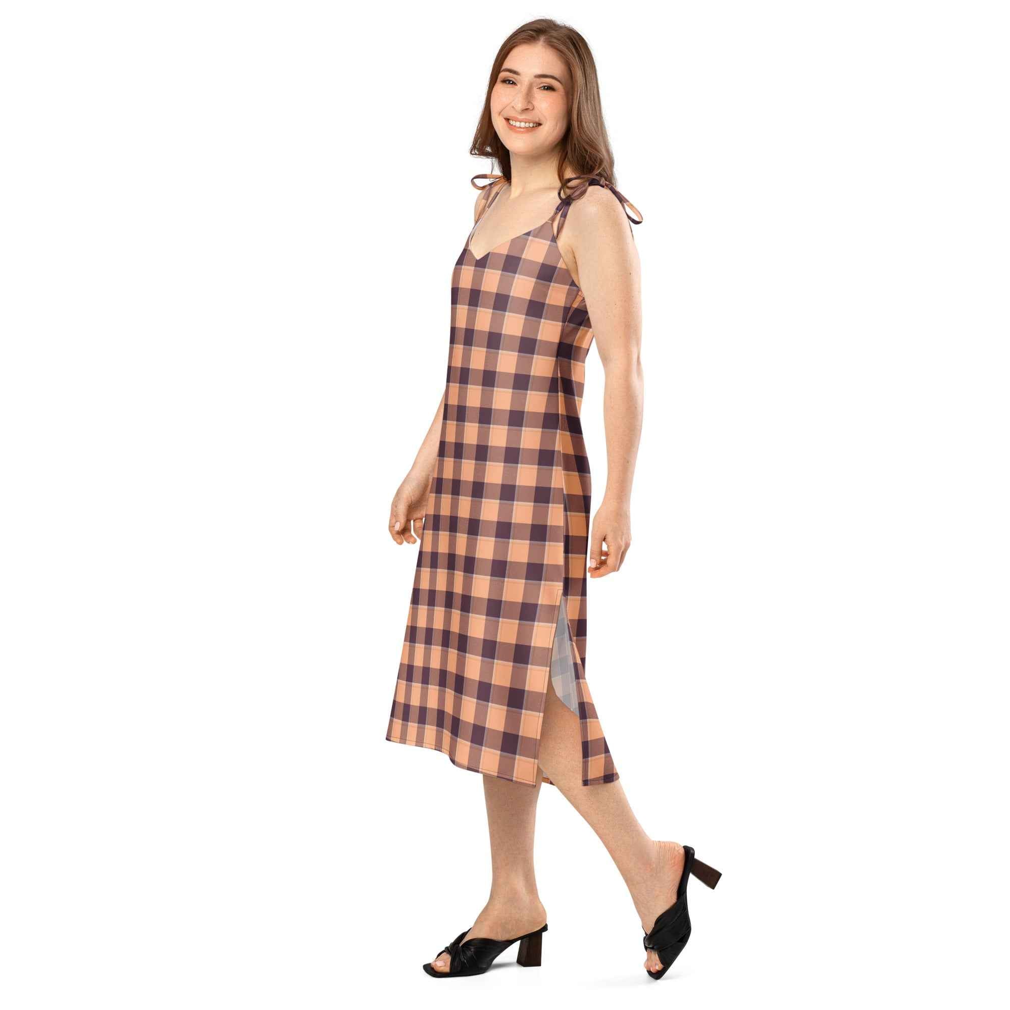 Tie-Strap Midi Dress Hit Pink and Livid Brown Plaid - Scottish Squares