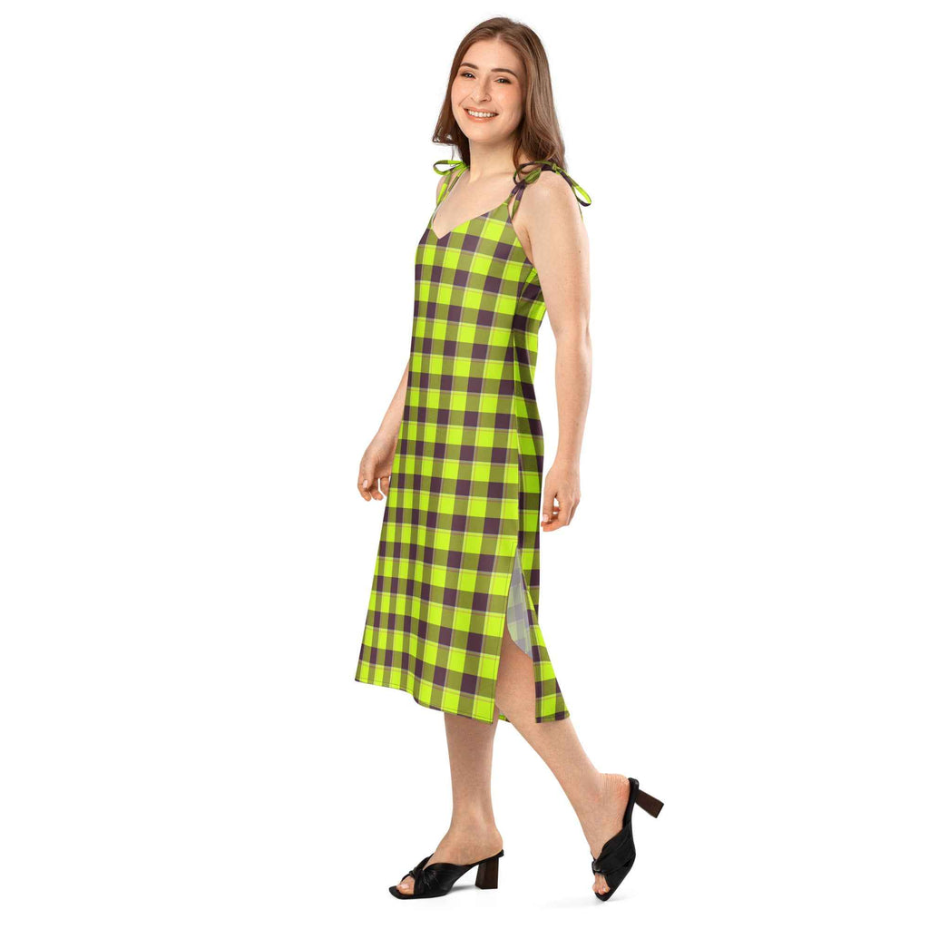 Tie-Strap Midi Dress Electric Lime and Livid Brown Plaid - Scottish Squares