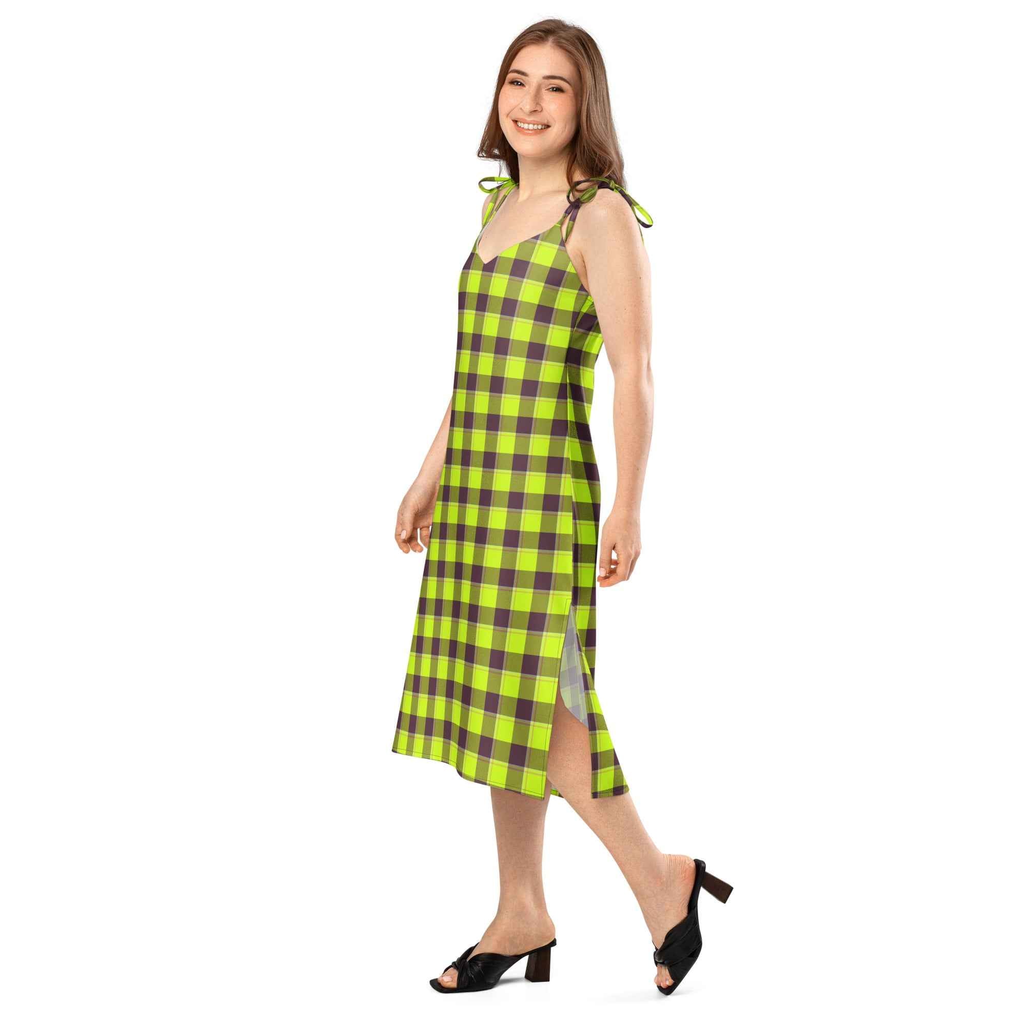 Tie-Strap Midi Dress Electric Lime and Livid Brown Plaid - Scottish Squares