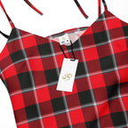 Tie-Strap Midi Dress Red Ribbon and Heavy Metal Plaid - Scottish Squares