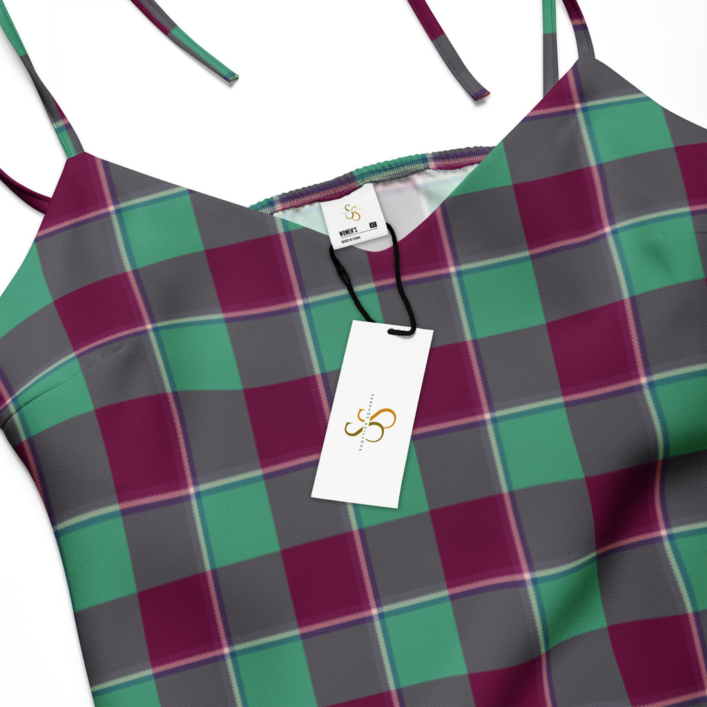 Tie-Strap Midi Dress Ocean Green and Mulberry Wood Plaid - Scottish Squares