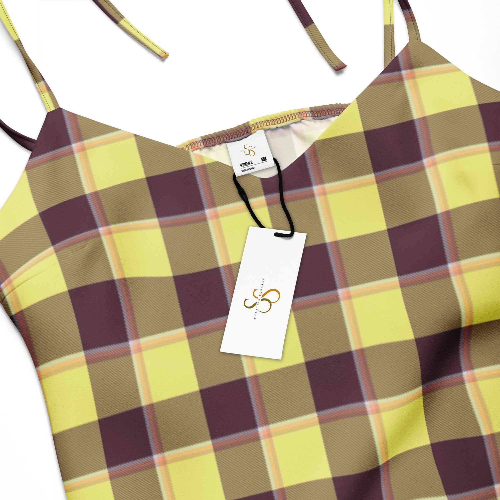 Tie-Strap Midi Dress Flax and Livid Brown Plaid - Scottish Squares