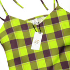 Tie-Strap Midi Dress Electric Lime and Livid Brown Plaid - Scottish Squares