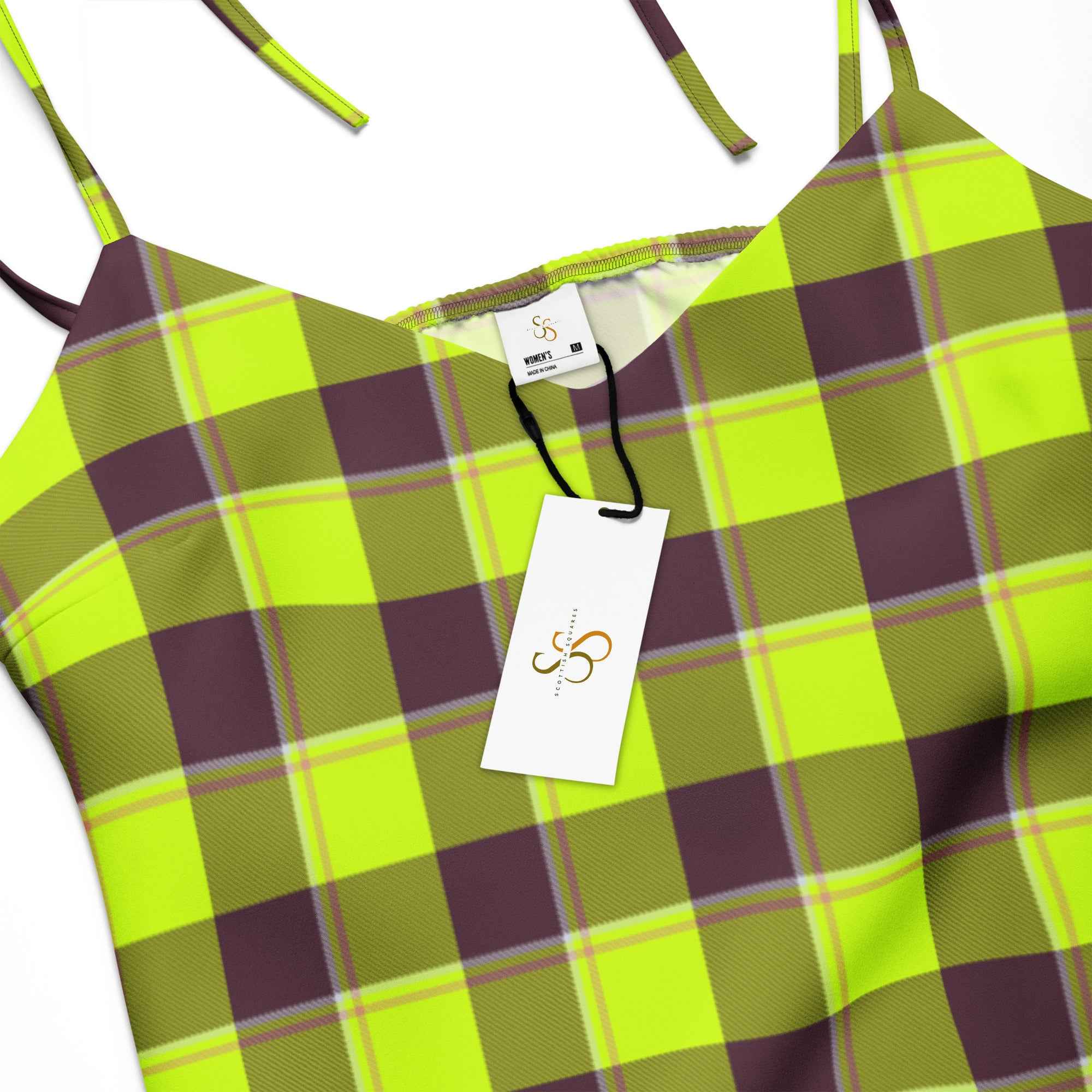 Tie-Strap Midi Dress Electric Lime and Livid Brown Plaid - Scottish Squares