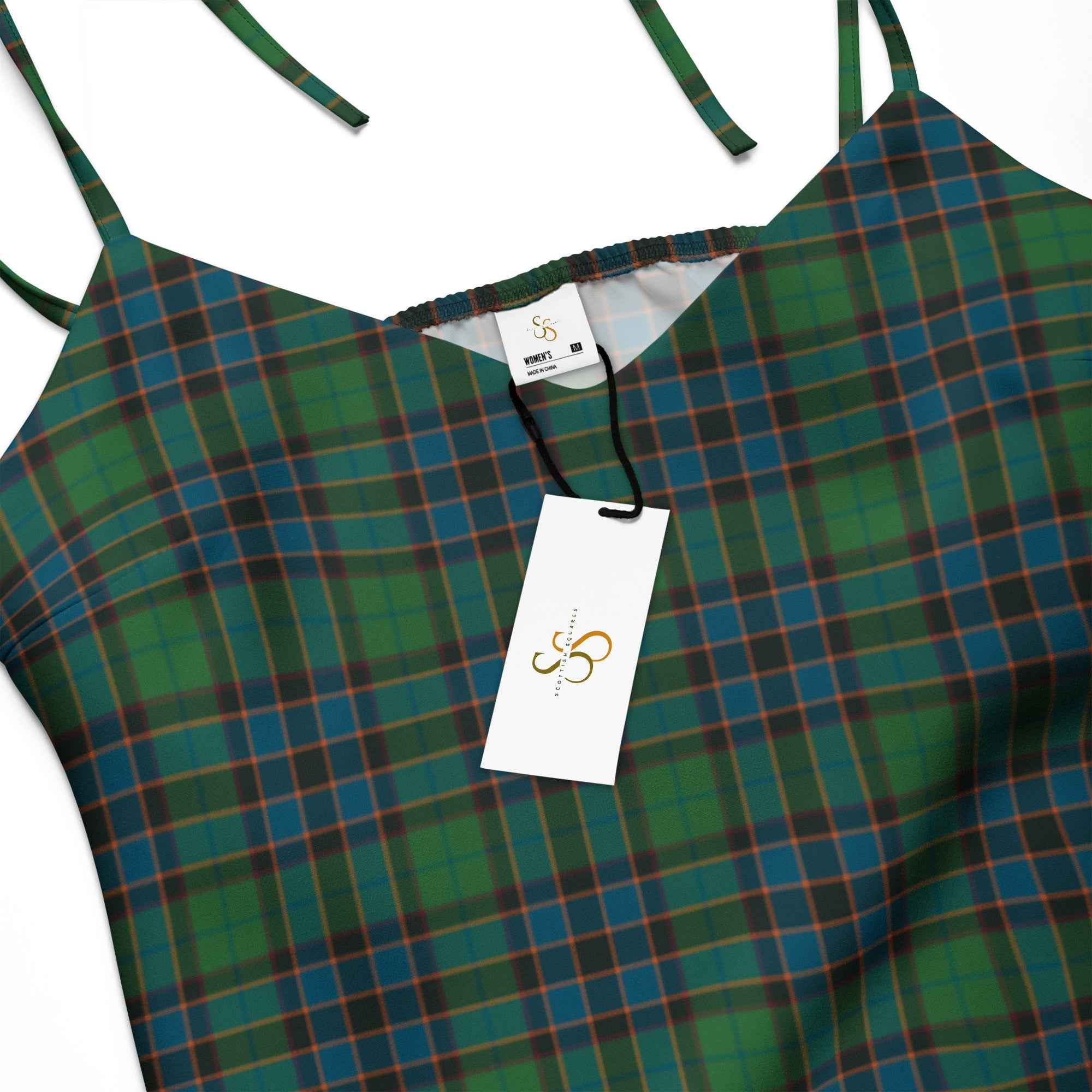 Tie-Strap Midi Dress Green Blue Orange Plaid Tartan