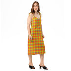 Tie-Strap Midi Dress Blaze Orange and Bird Flower Plaid - Scottish Squares