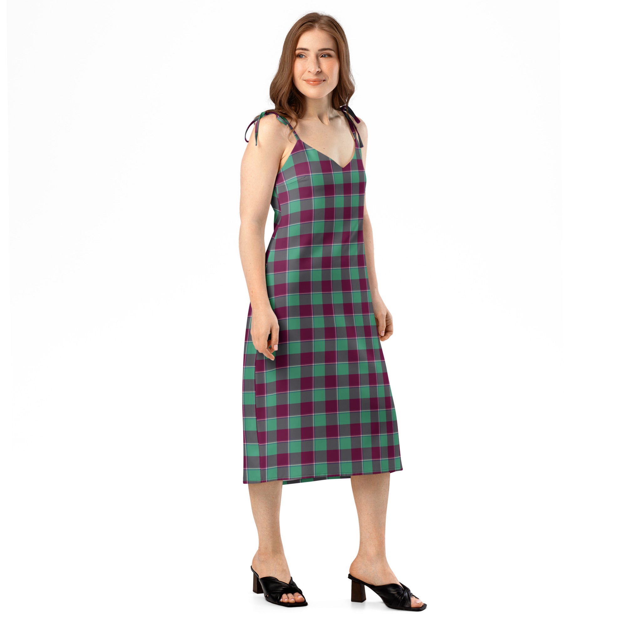 Tie-Strap Midi Dress Ocean Green and Mulberry Wood Plaid - Scottish Squares