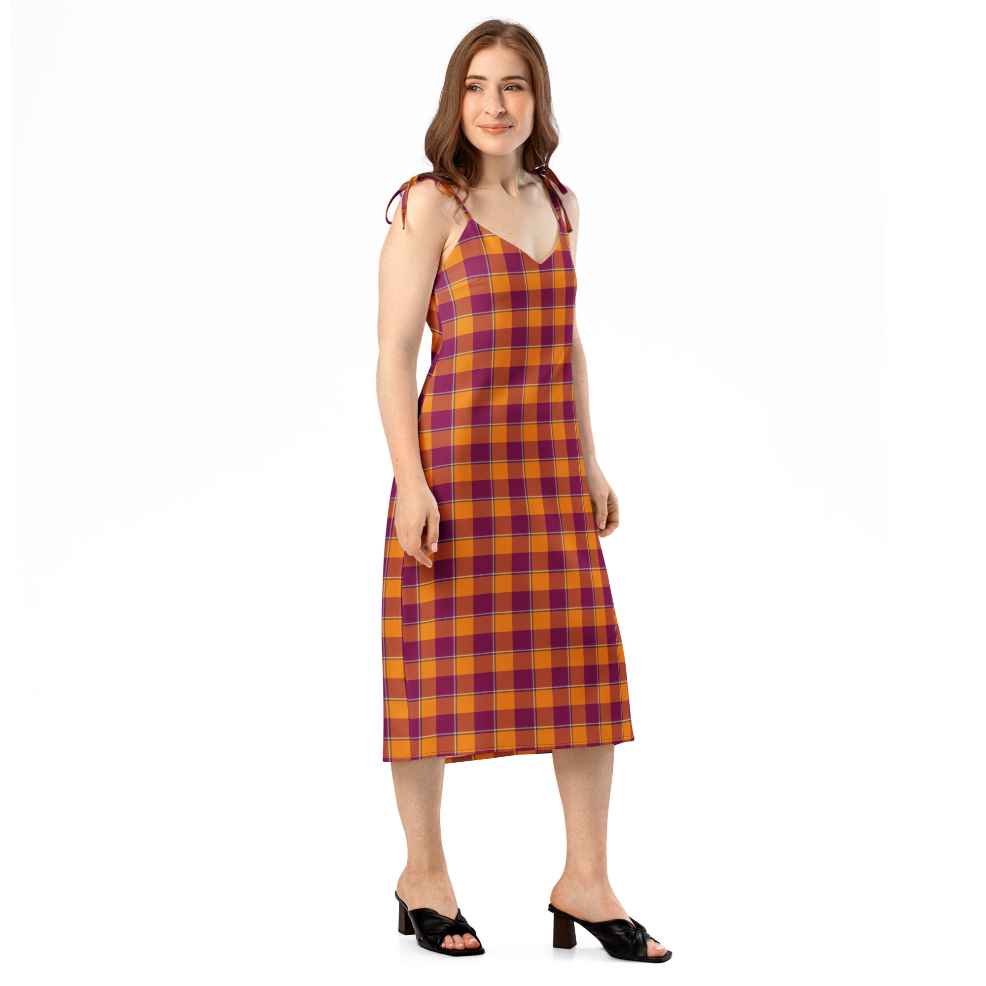 Tie-Strap Midi Dress Tahiti Gold and Rose Bud Cherry Plaid - Scottish Squares