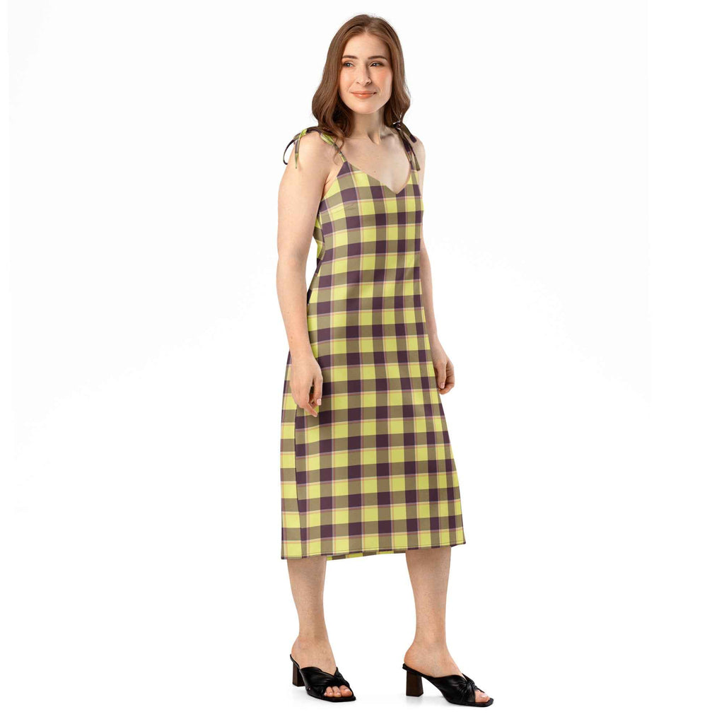 Tie-Strap Midi Dress Flax and Livid Brown Plaid - Scottish Squares