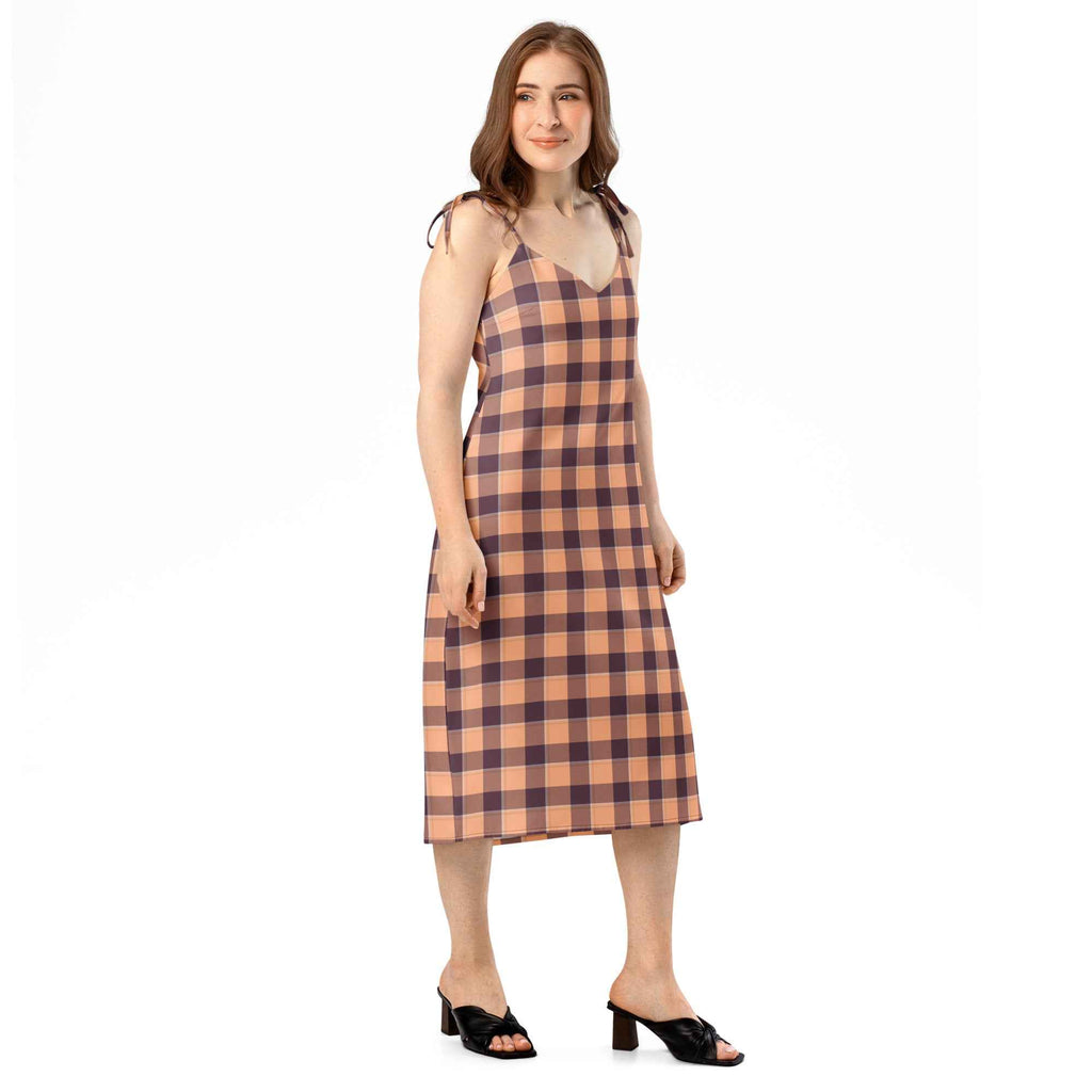 Tie-Strap Midi Dress Hit Pink and Livid Brown Plaid - Scottish Squares