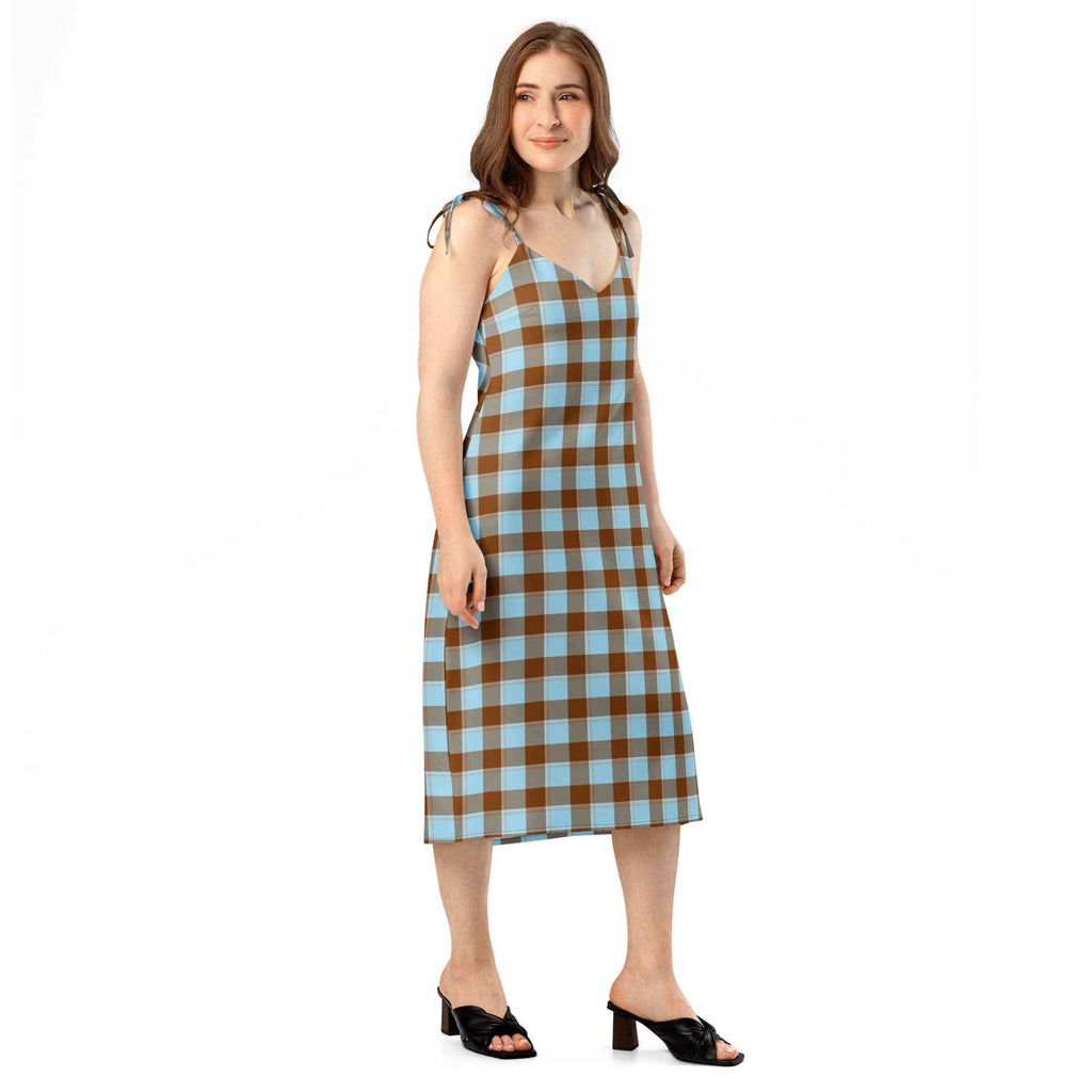 Tie-Strap Midi Dress Blizzard Blue and Livid Brown Plaid - Scottish Squares