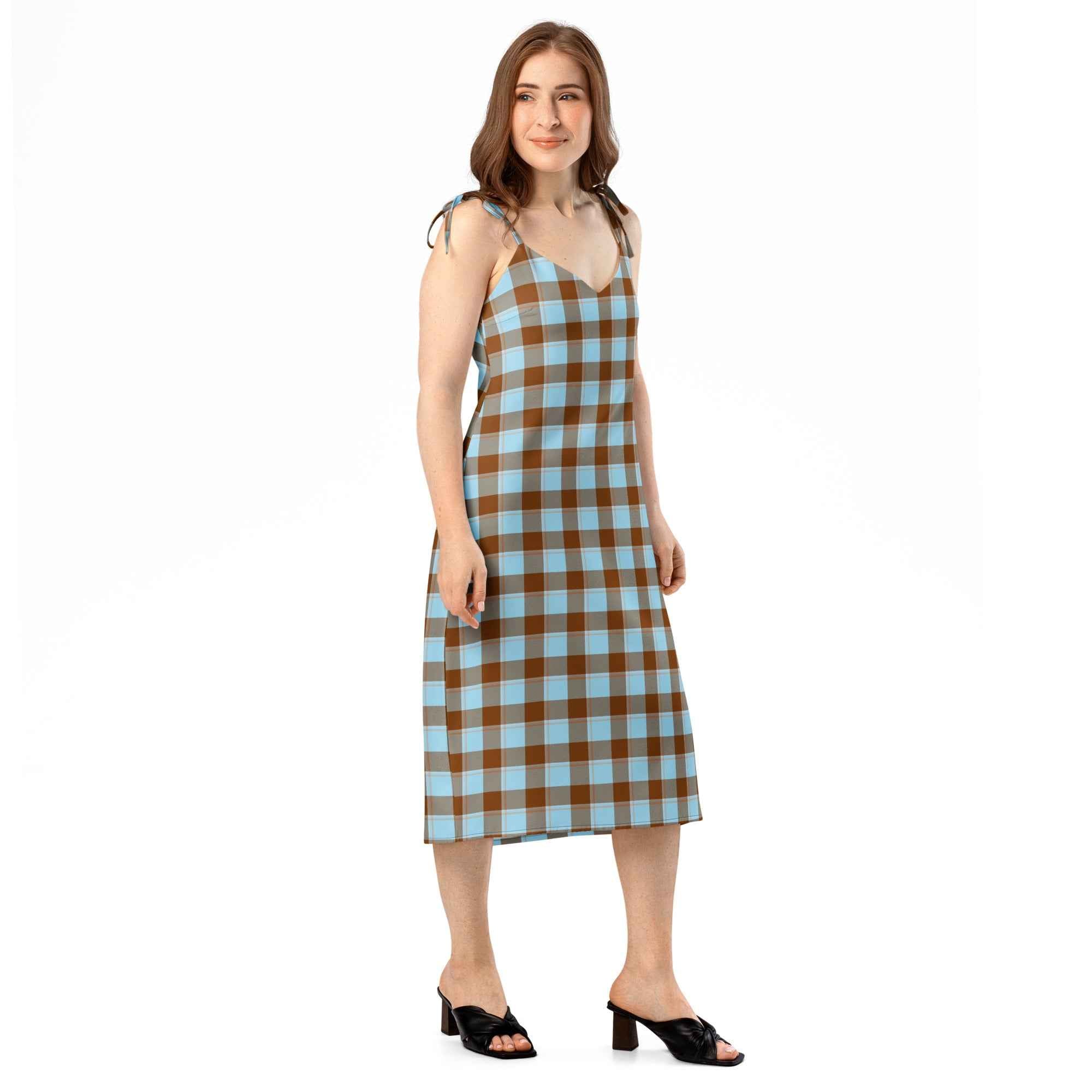 Tie-Strap Midi Dress Blizzard Blue and Livid Brown Plaid - Scottish Squares