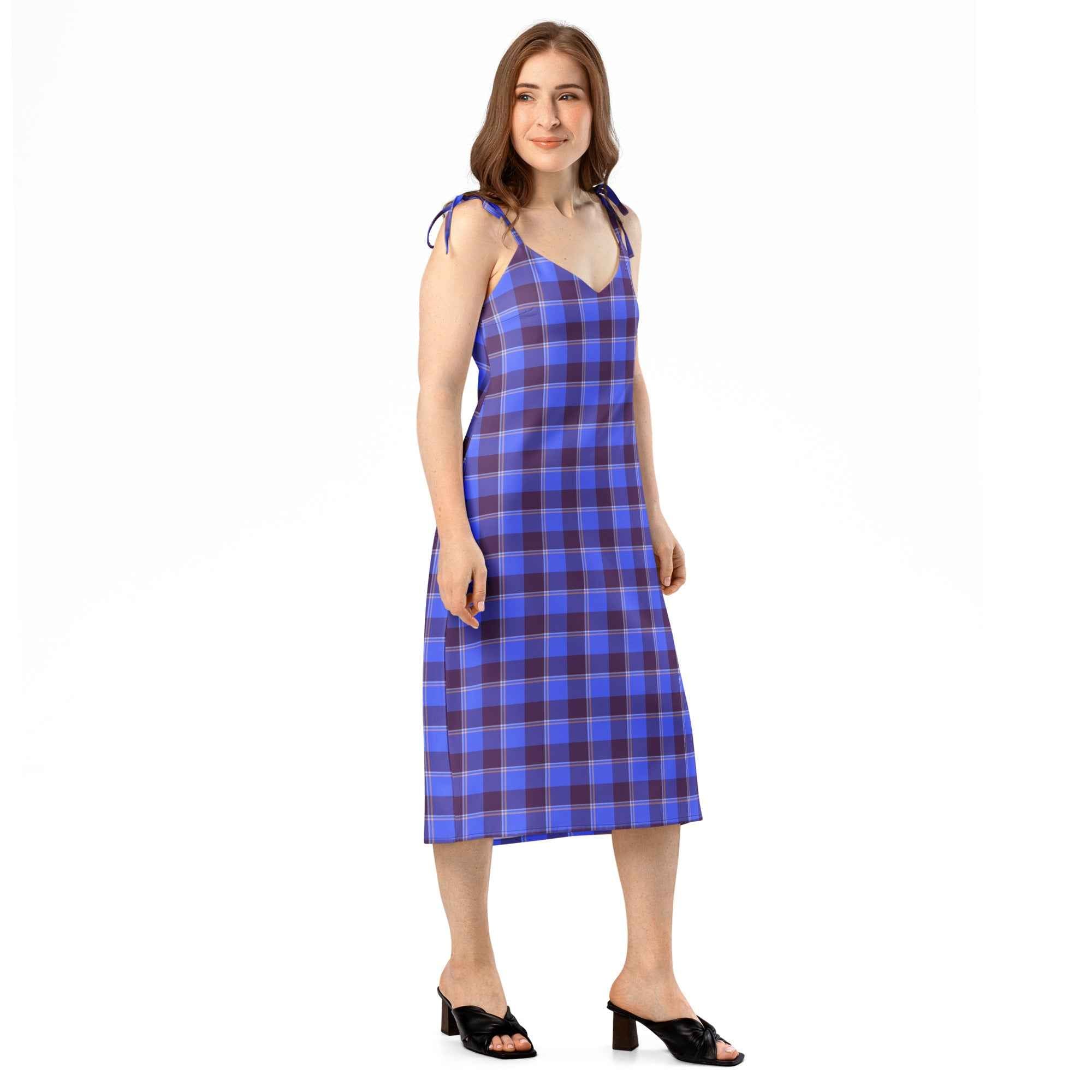 Tie-Strap Midi Dress Cornflower Blue and Livid Brown Plaid - Scottish Squares
