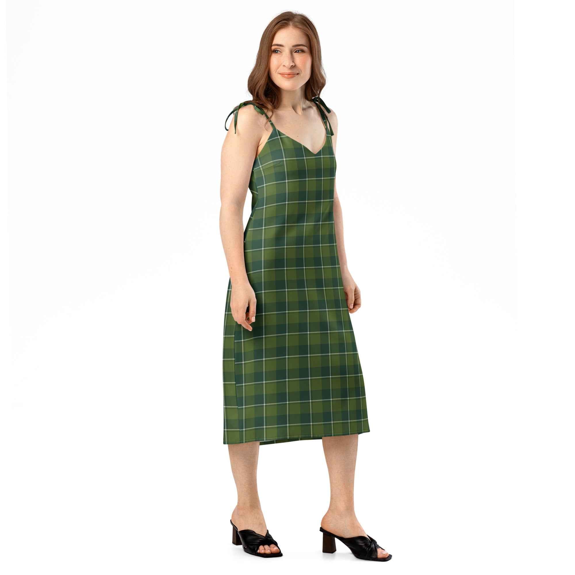 Tie-Strap Midi Dress Woodland and Evergreen Plaid - Scottish Squares