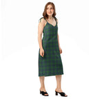 Tie-Strap Midi Dress Green Blue Orange Plaid Tartan