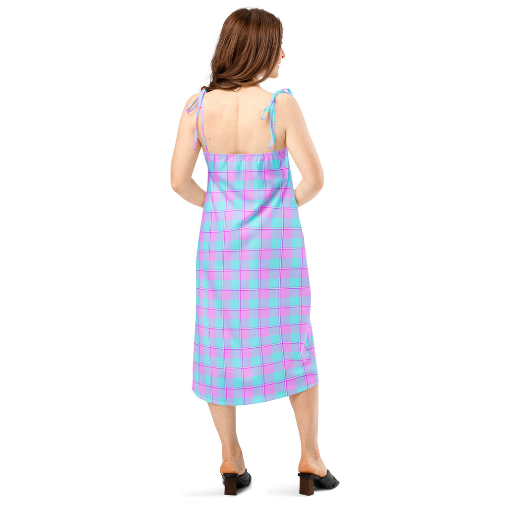 Tie-Strap Midi Dress Mauve and Coastal Mist Plaid - Scottish Squares