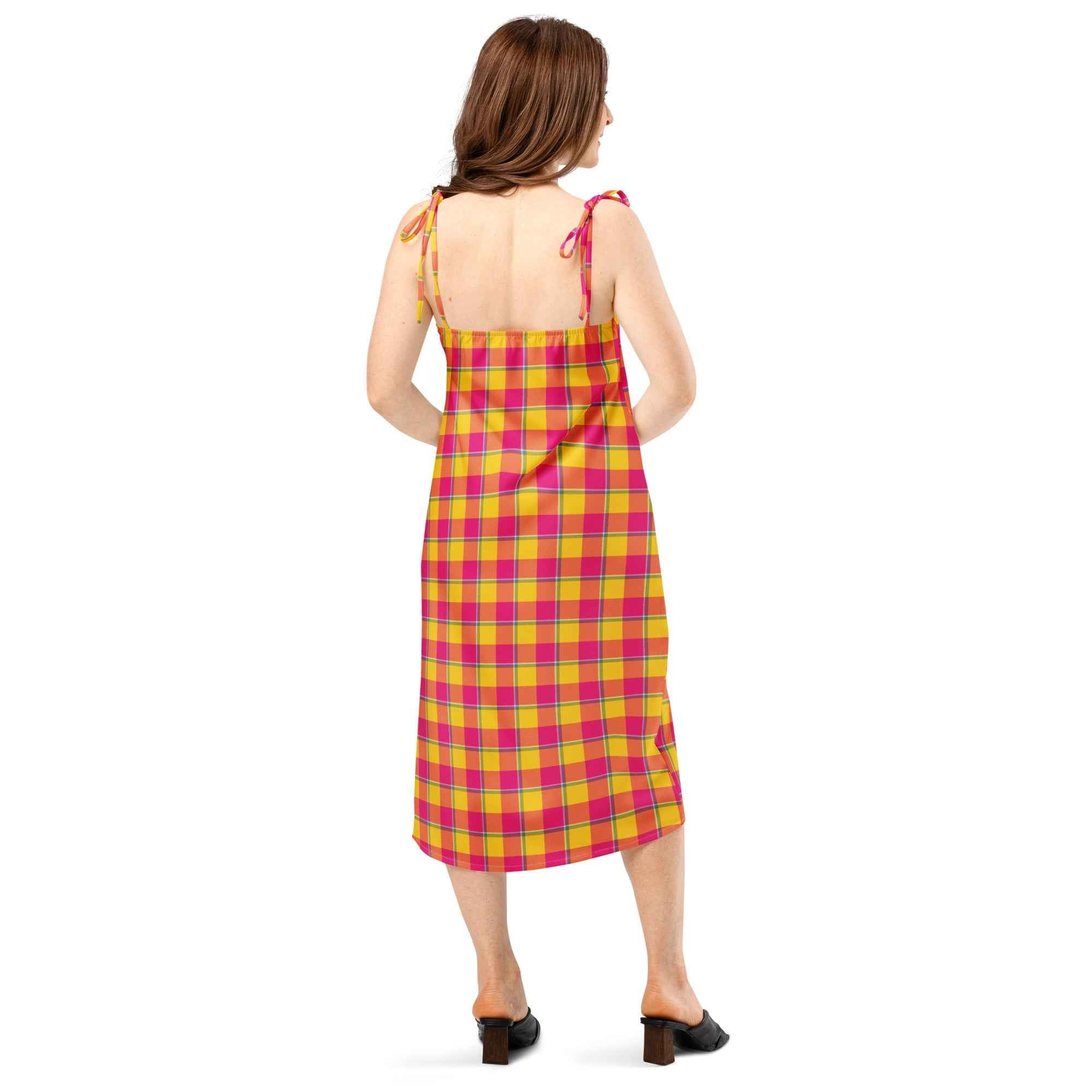 Tie-Strap Midi Dress Corn and Razzmatazz Plaid - Scottish Squares