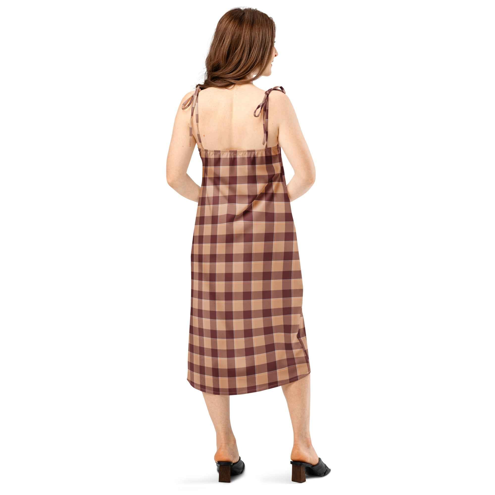 Tie-Strap Midi Dress Whiskey and Livid Brown Plaid - Scottish Squares