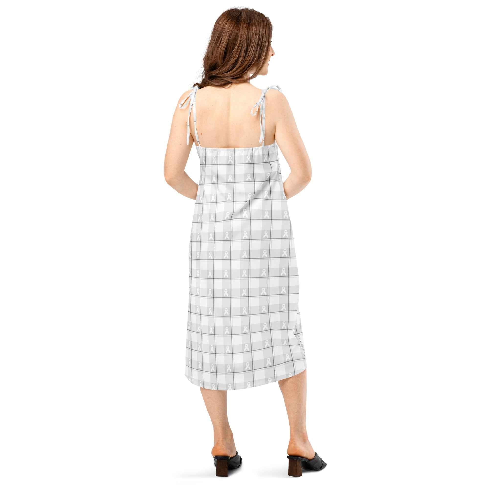 Tie-Strap Midi Dress Lung Cancer Awareness Plaid, White Ribbon, Supportive Gift - Scottish Squares