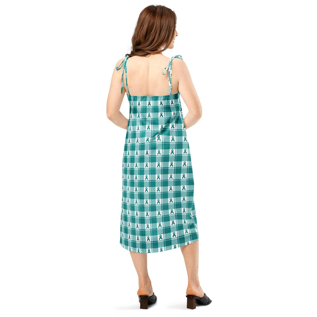 Tie-Strap Midi Dress Cervical Cancer Awareness Plaid, Teal Ribbon, Supportive Gift - Scottish Squares