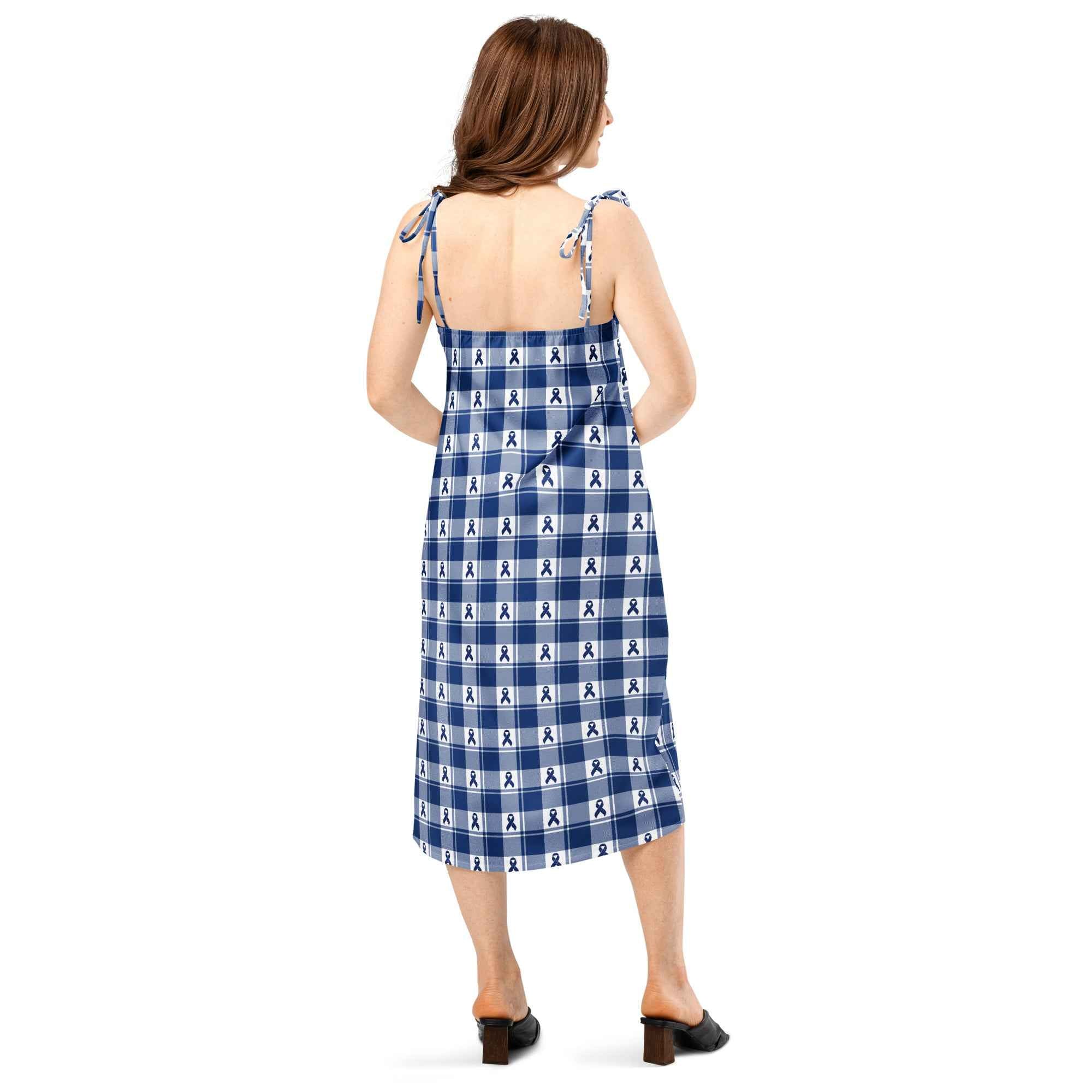 Tie-Strap Midi Dress Colorectal Cancer Awareness Plaid, Dark Blue Ribbon, Supportive Gift - Scottish Squares