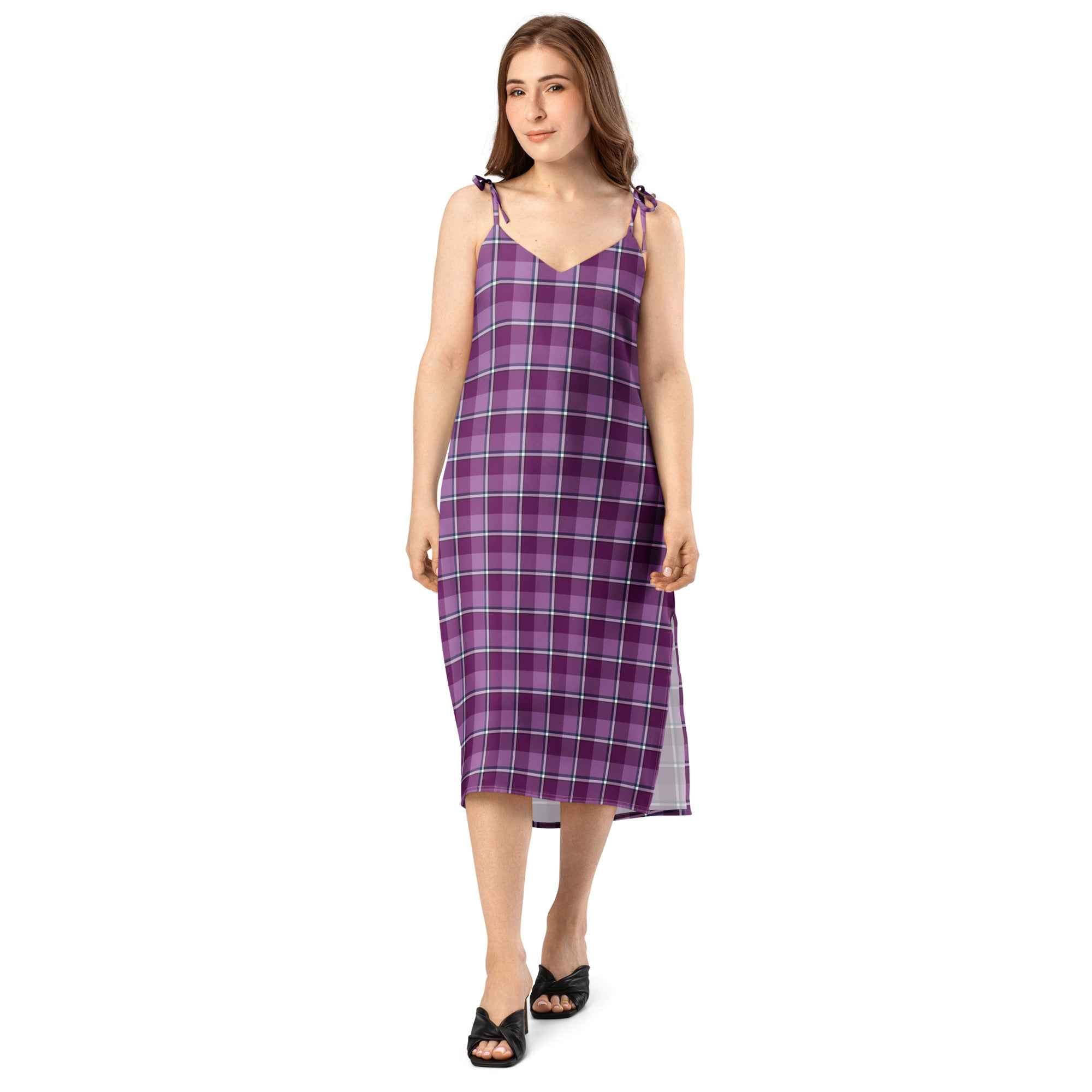 Tie-Strap Midi Dress Purple and Trendy Pink Plaid