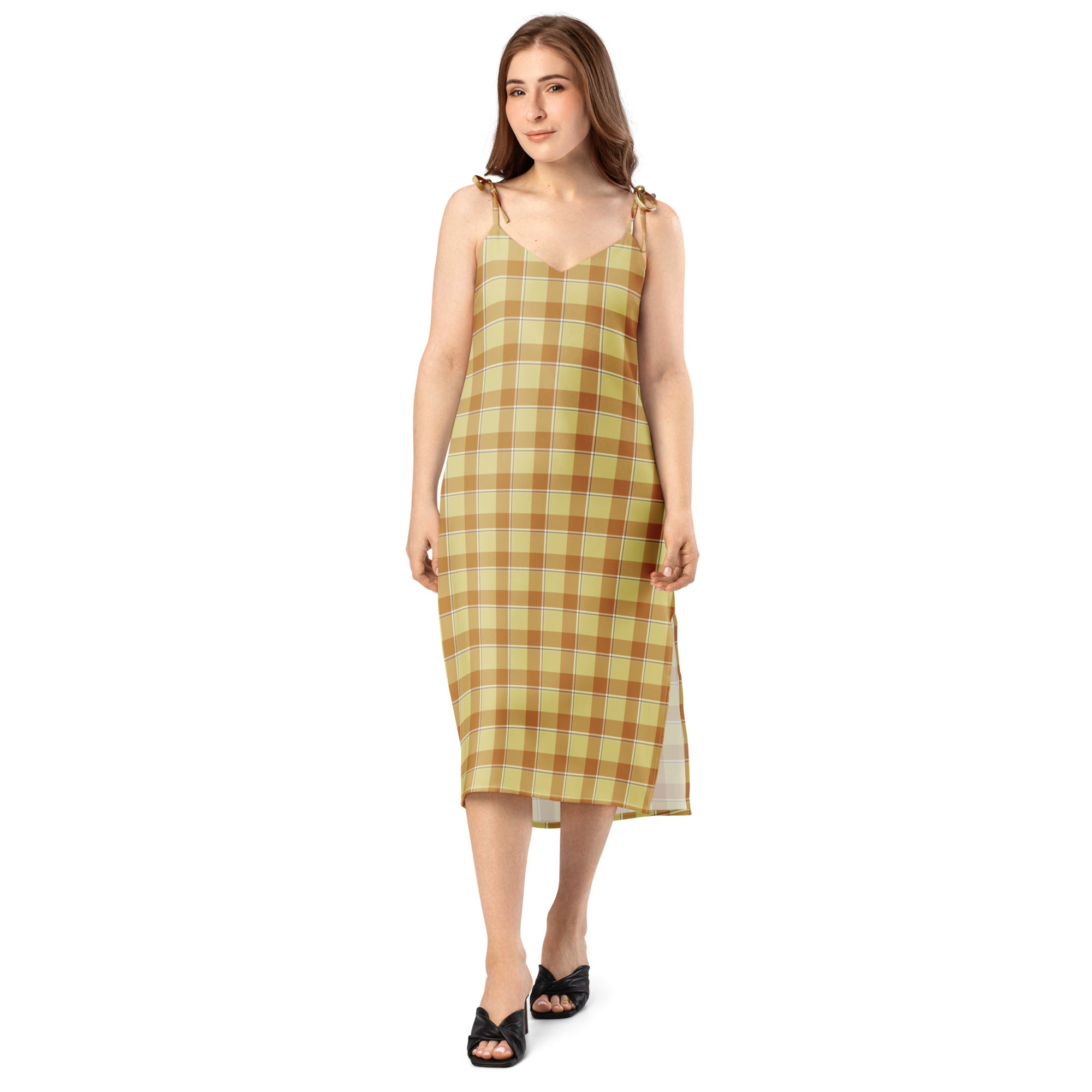 Tie-Strap Midi Dress Zombie and Copper Plaid - Scottish Squares
