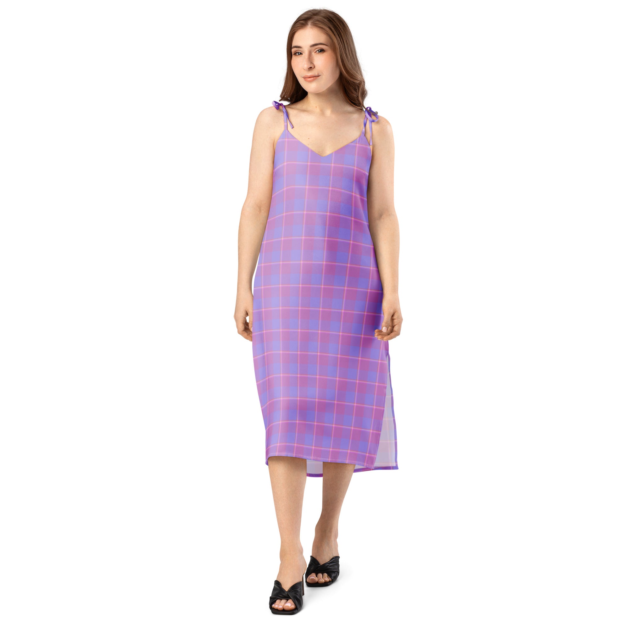 Tie-Strap Midi Dress Viola and Dull Lavender Plaid - Scottish Squares
