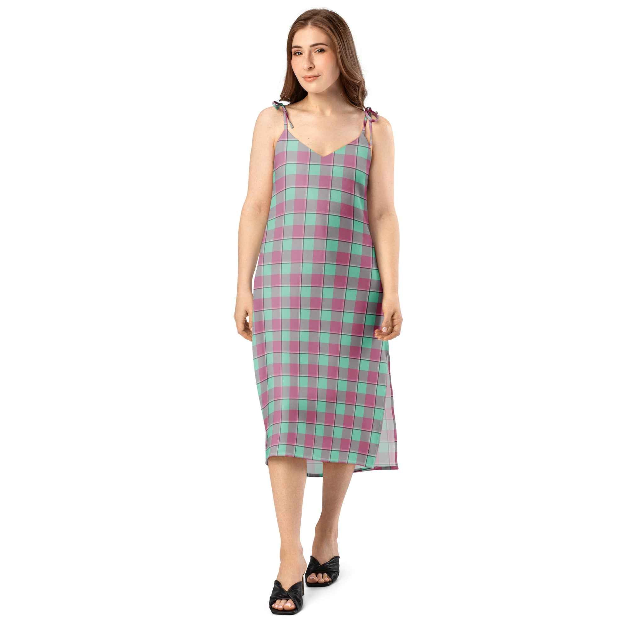 Tie-Strap Midi Dress Vista Blue and Turkish Rose Plaid - Scottish Squares