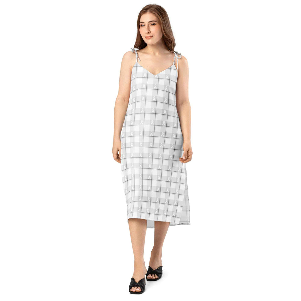Tie-Strap Midi Dress Lung Cancer Awareness Plaid, White Ribbon, Supportive Gift - Scottish Squares