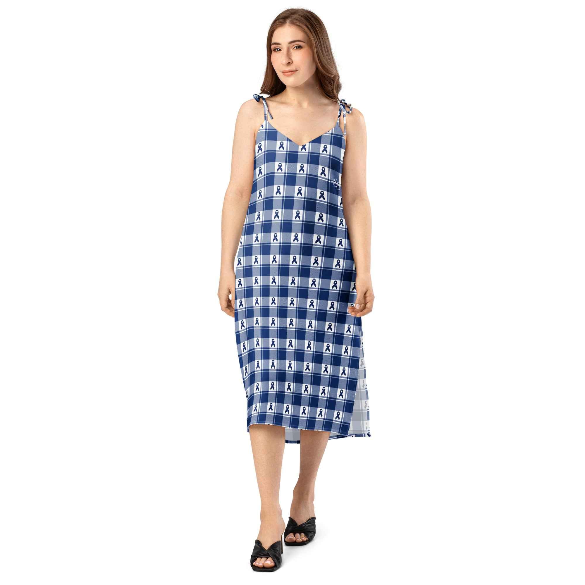 Tie-Strap Midi Dress Colorectal Cancer Awareness Plaid, Dark Blue Ribbon, Supportive Gift - Scottish Squares