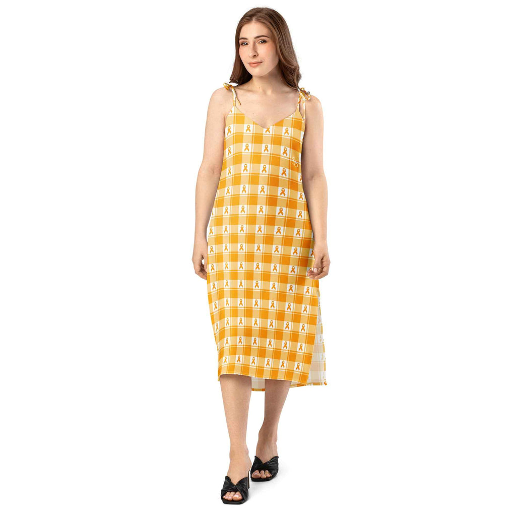 Tie-Strap Midi Dress Kidney Cancer Awareness Plaid, Orange Ribbon, Supportive Gift - Scottish Squares