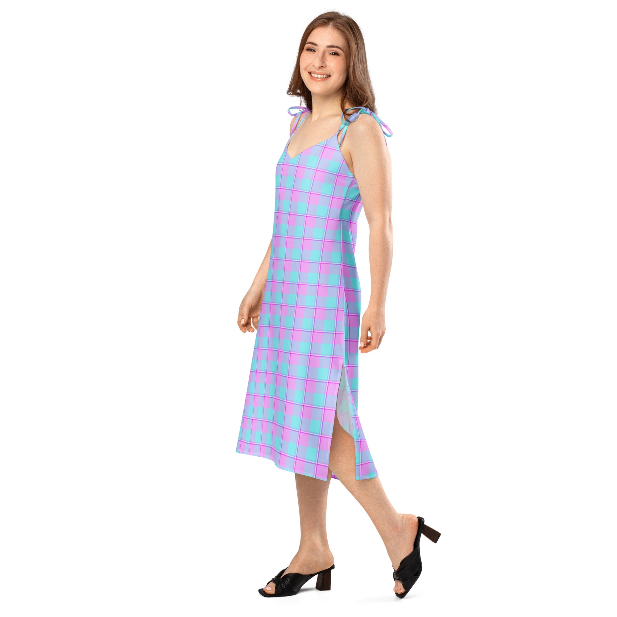 Tie-Strap Midi Dress Mauve and Coastal Mist Plaid - Scottish Squares