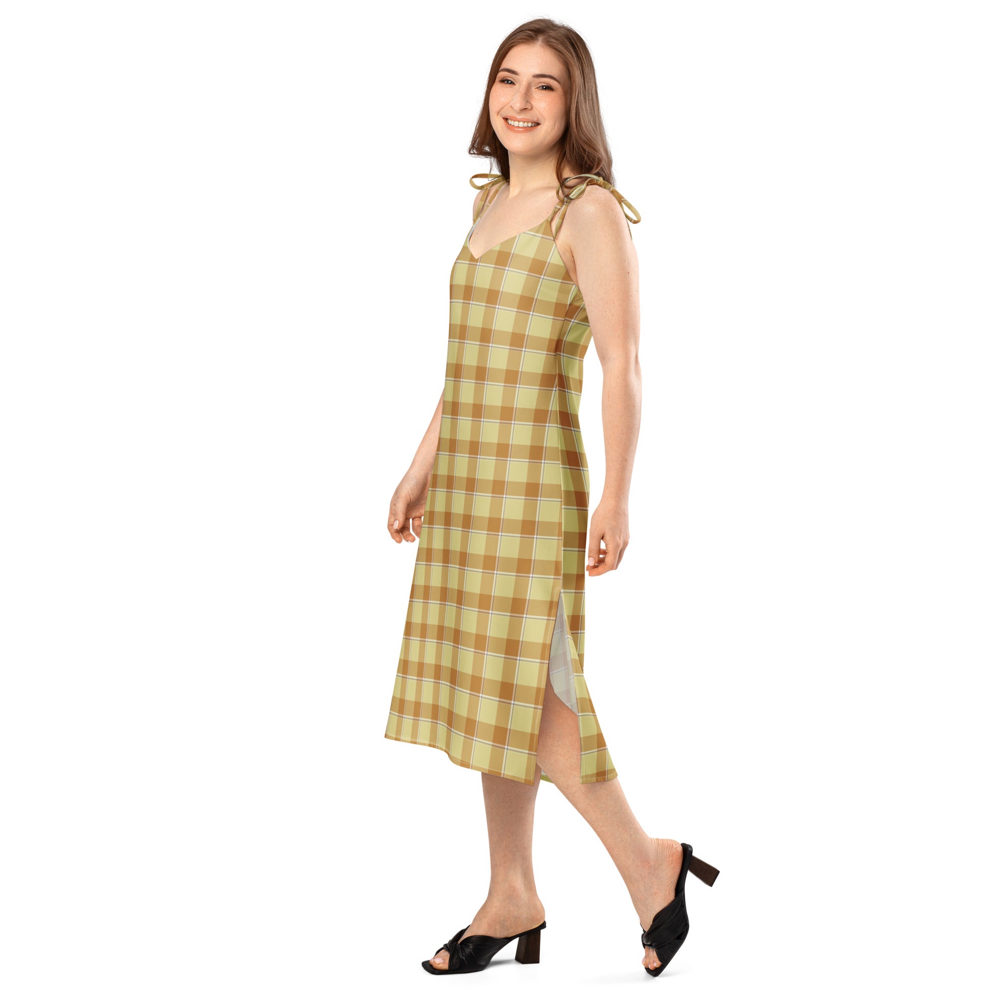 Tie-Strap Midi Dress Zombie and Copper Plaid - Scottish Squares