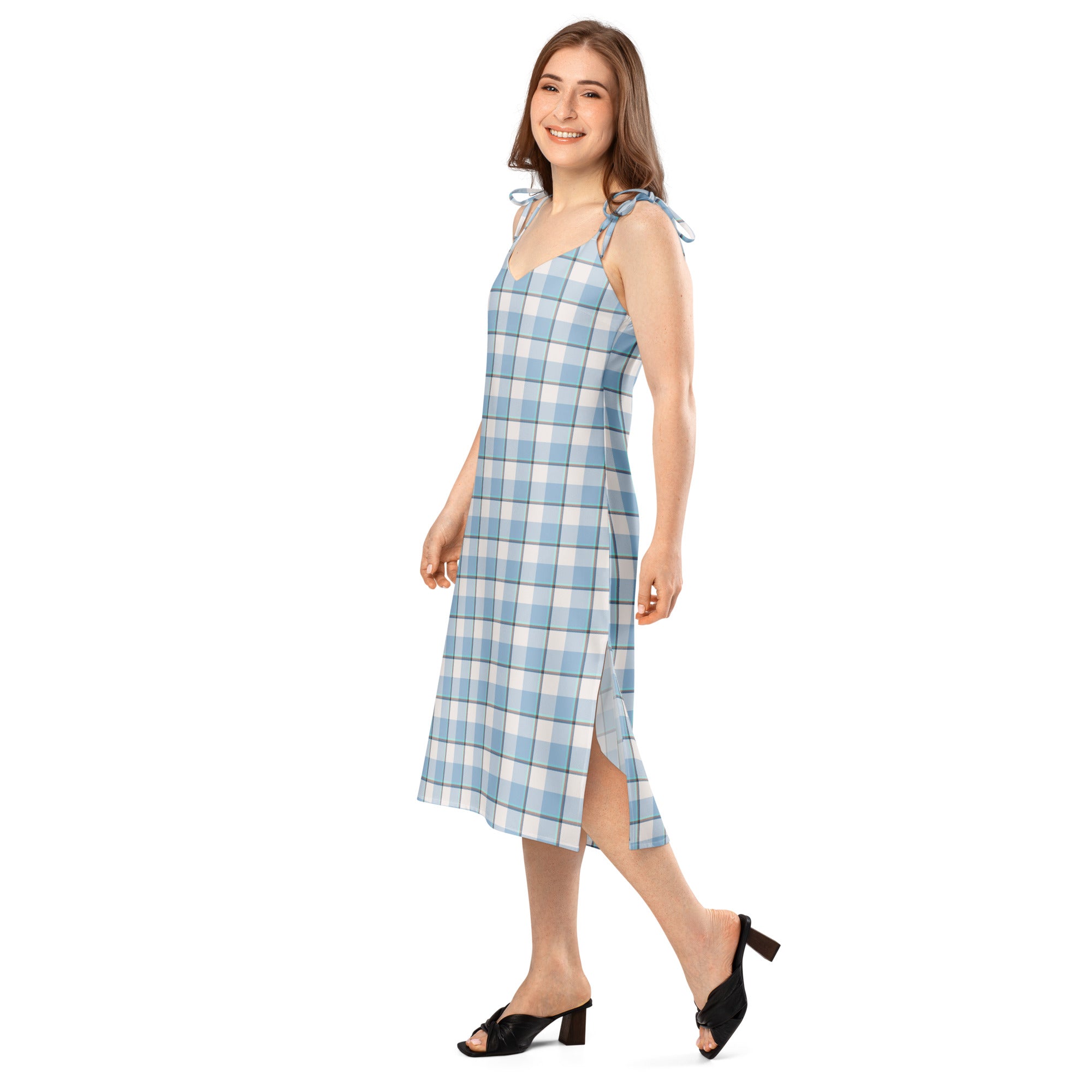 Tie-Strap Midi Dress Pink Cloud and Blue Lagoon Plaid - Scottish Squares