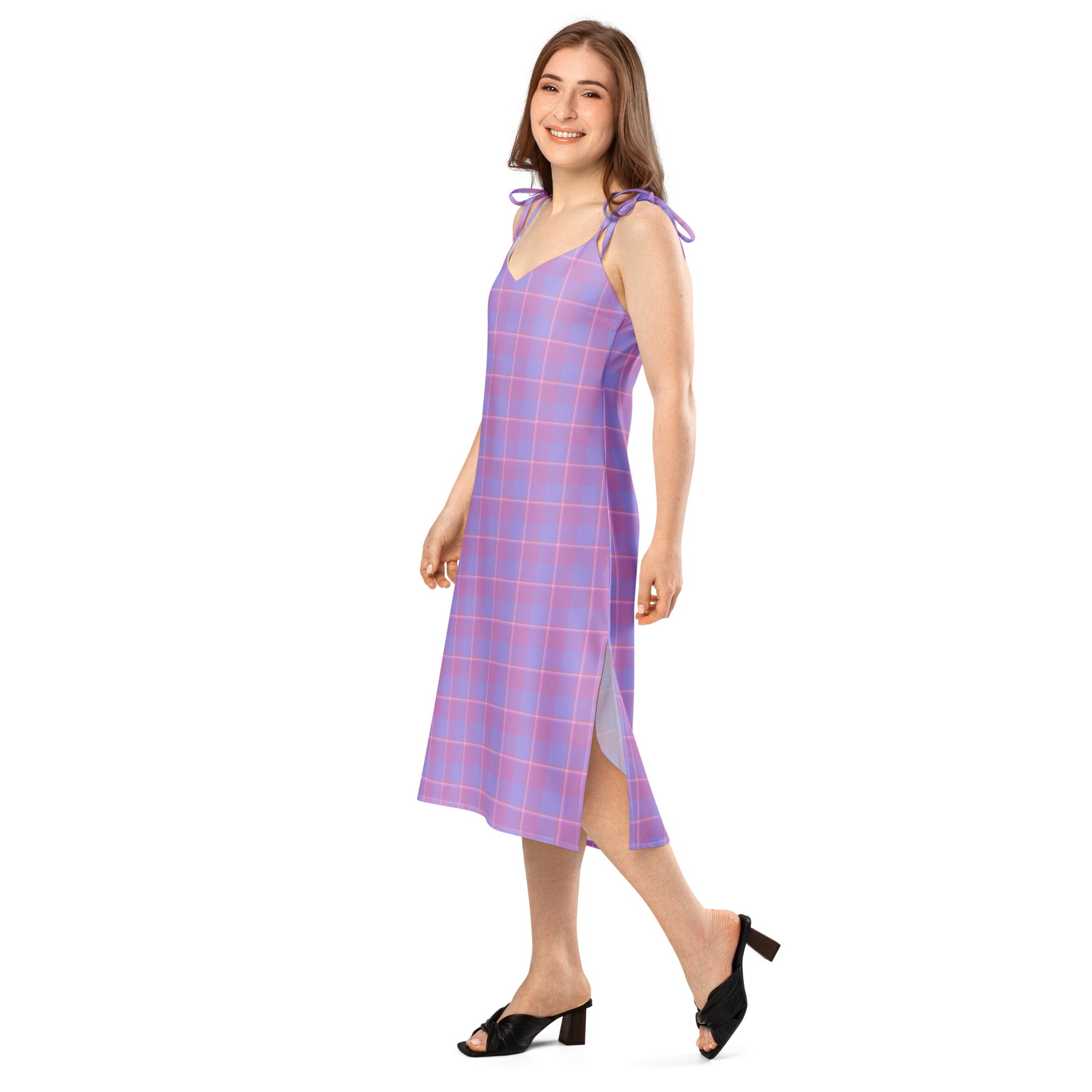 Tie-Strap Midi Dress Viola and Dull Lavender Plaid - Scottish Squares