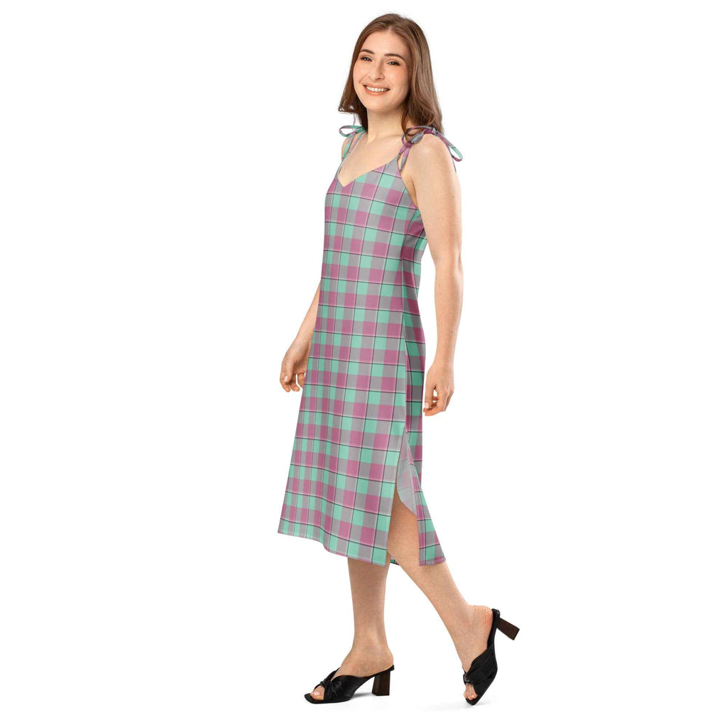 Tie-Strap Midi Dress Vista Blue and Turkish Rose Plaid - Scottish Squares