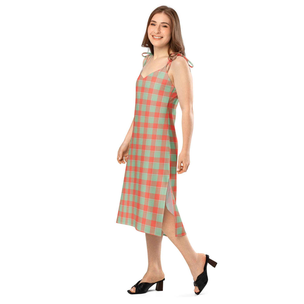Tie-Strap Midi Dress Spring Rain and Persimmon Plaid - Scottish Squares