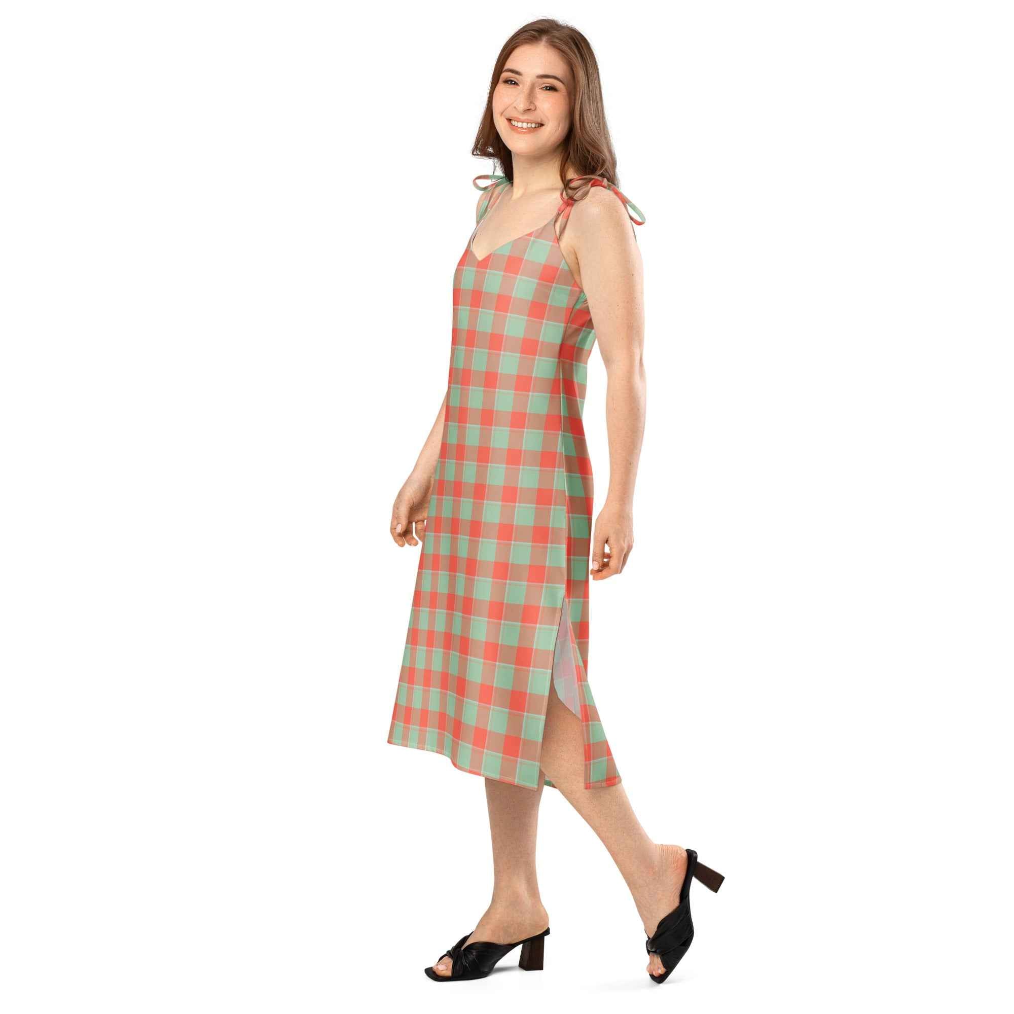 Tie-Strap Midi Dress Spring Rain and Persimmon Plaid - Scottish Squares