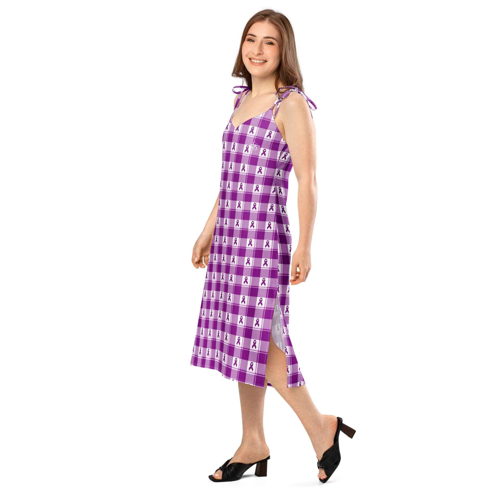 Tie-Strap Midi Dress Pancreatic Cancer Awareness Plaid - Scottish Squares