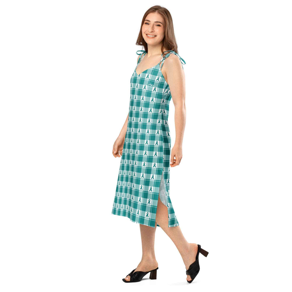 Tie-Strap Midi Dress Cervical Cancer Awareness Plaid, Teal Ribbon, Supportive Gift - Scottish Squares