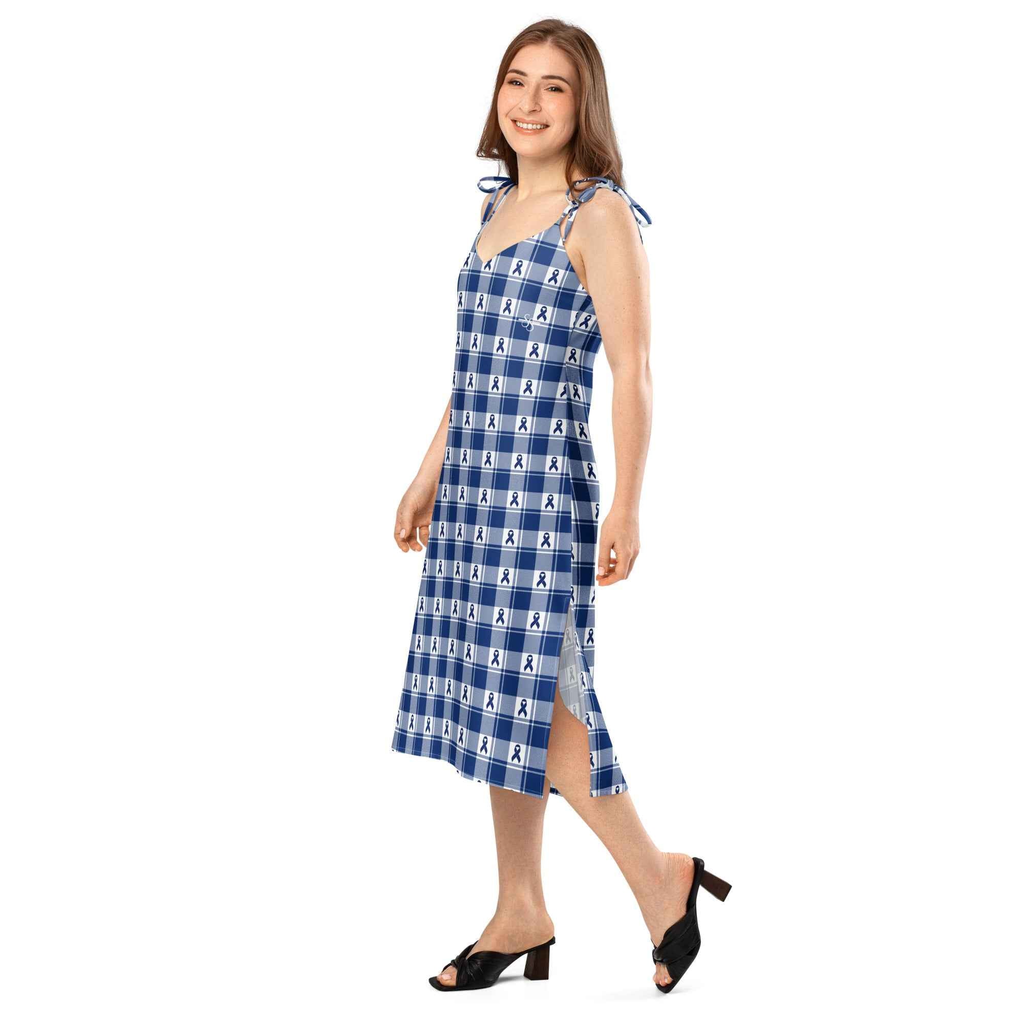 Tie-Strap Midi Dress Colorectal Cancer Awareness Plaid, Dark Blue Ribbon, Supportive Gift - Scottish Squares