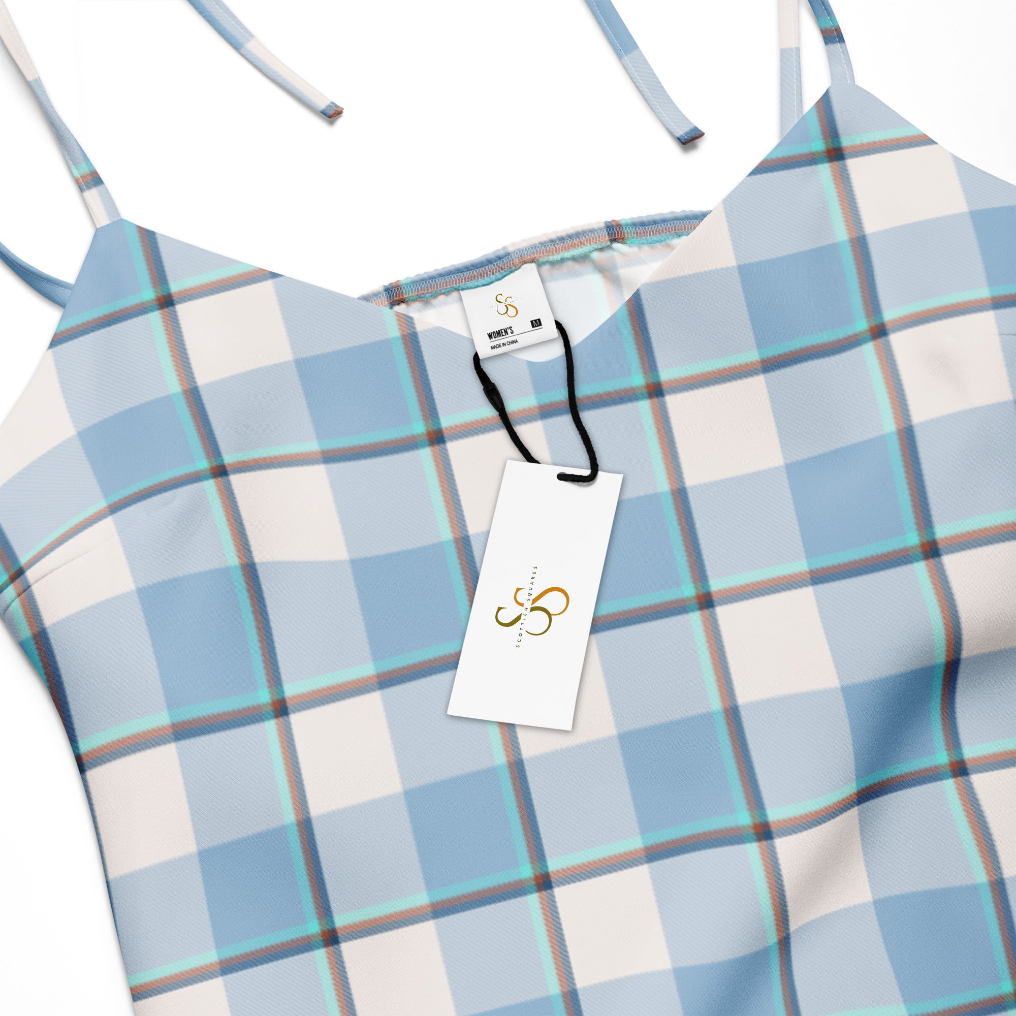 Tie-Strap Midi Dress Pink Cloud and Blue Lagoon Plaid - Scottish Squares