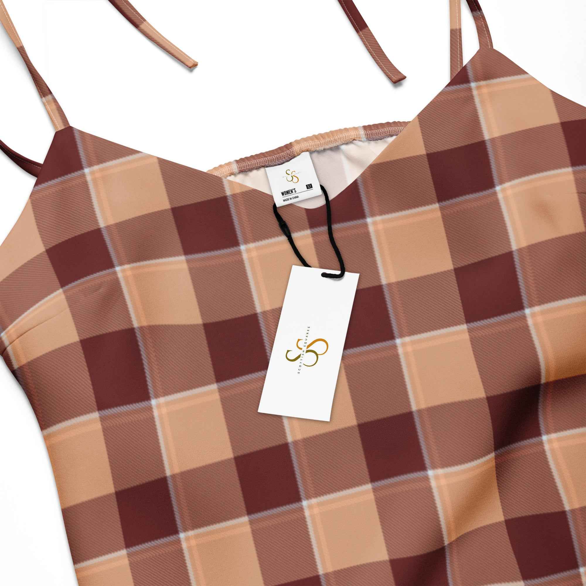 Tie-Strap Midi Dress Whiskey and Livid Brown Plaid - Scottish Squares